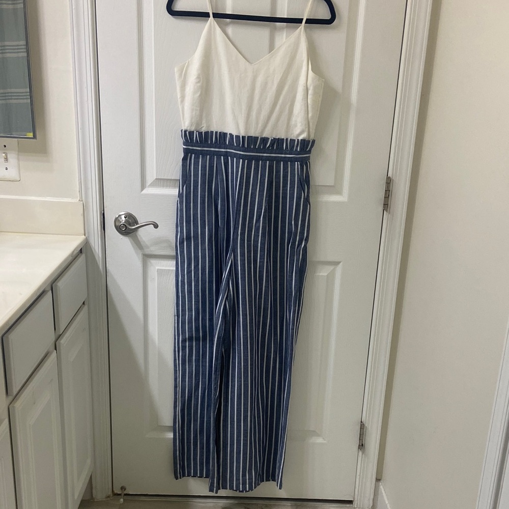 Altar'd State Navy and White Striped Jumpsuit